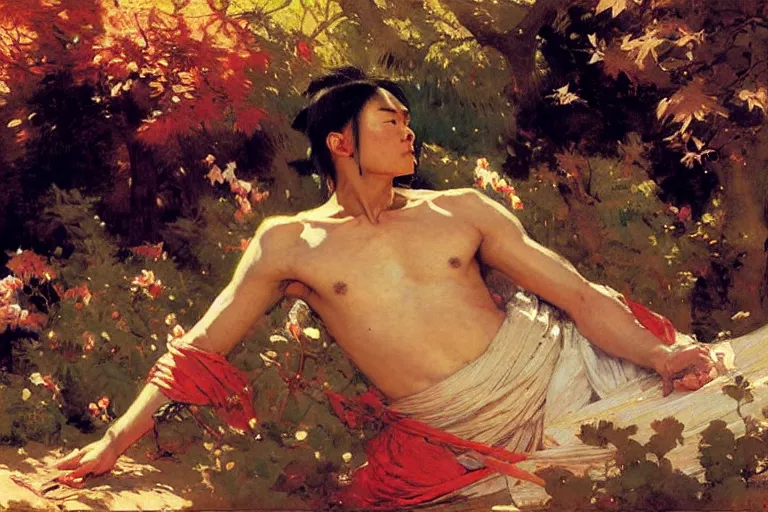 Prompt: wuxia, autumn, attractive male rest in the garden, painting by gaston bussiere, craig mullins, j. c. leyendecker