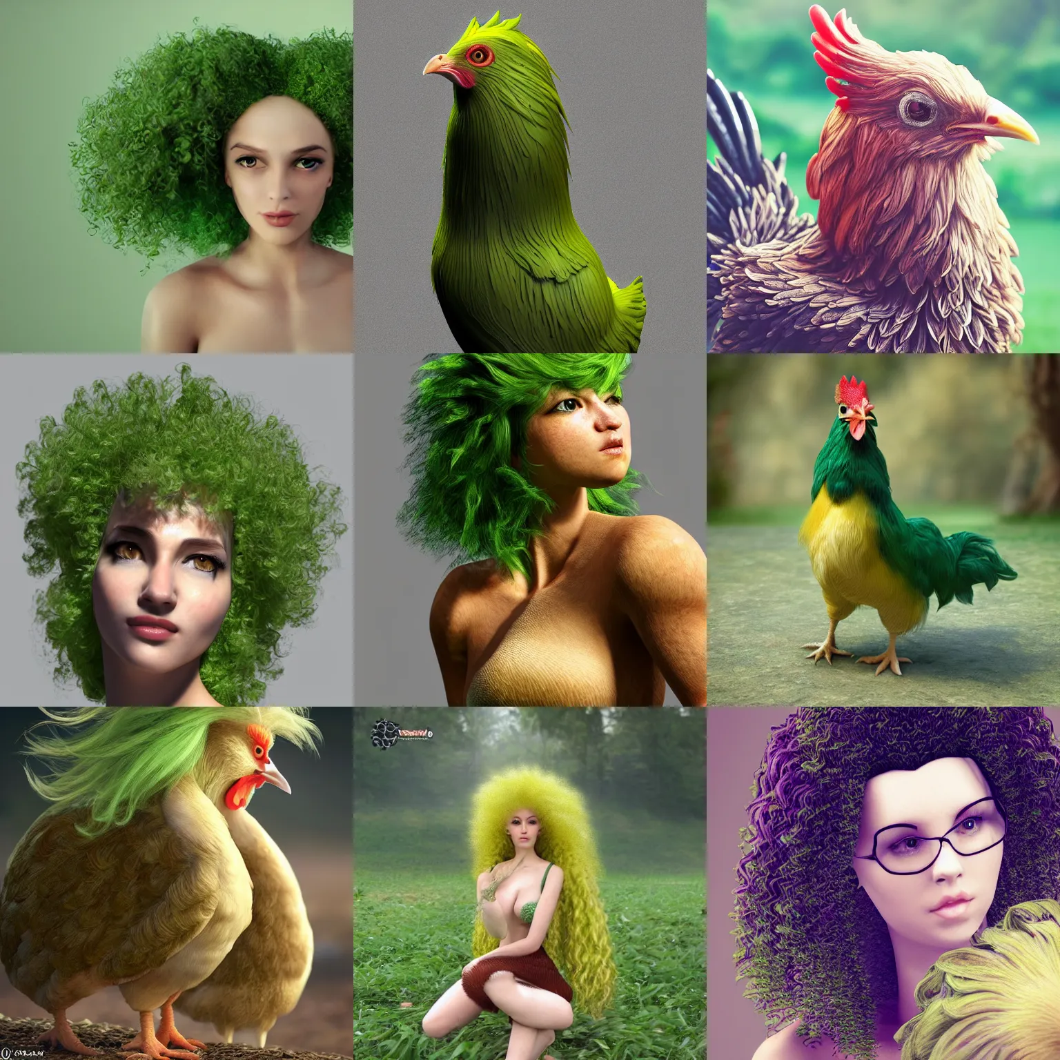 Prompt: ultra realistic chicken as woman, lovely body, curly hair, green hair, 8K, HD, fantasy,