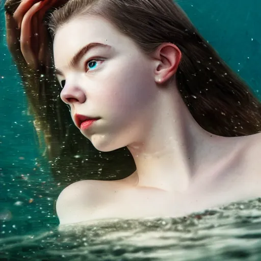 Image similar to portrait of a beautiful girl like anya taylor - joy floating under the deep water, white petal, by personal photography, art by brookskim, closeup, 4 k, highly detailed, instagram,