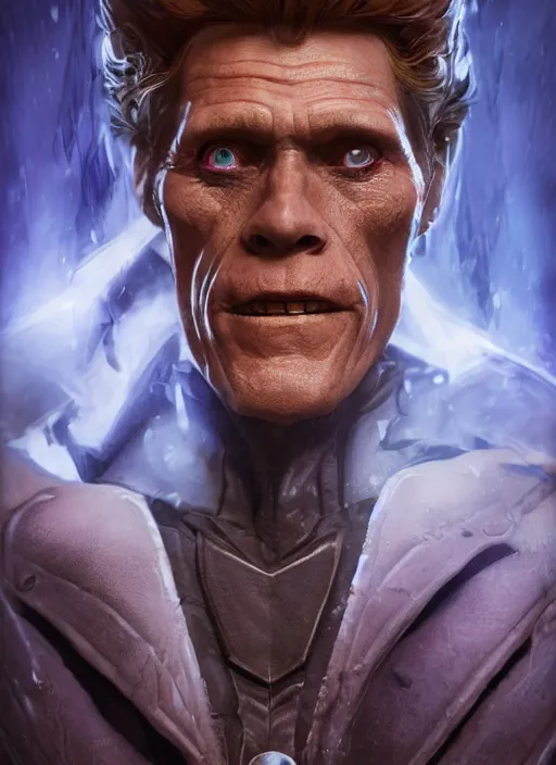 Prompt: A fantasy comic book style portrait painting of Willem Dafoe as a necromancer in dark castle setting, unreal 5, DAZ, hyperrealistic, octane render, RPG portrait, dynamic lighting