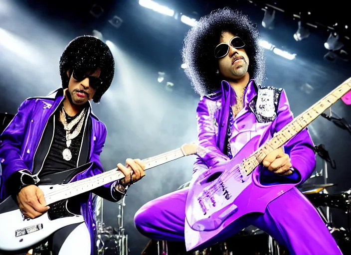 Prompt: photo still of prince from purple rain on stage at vans warped tour!!!!!!!! at age 3 3 years old 3 3 years of age!!!!!!!! shredding on guitar, 8 k, 8 5 mm f 1. 8, studio lighting, rim light, right side key light