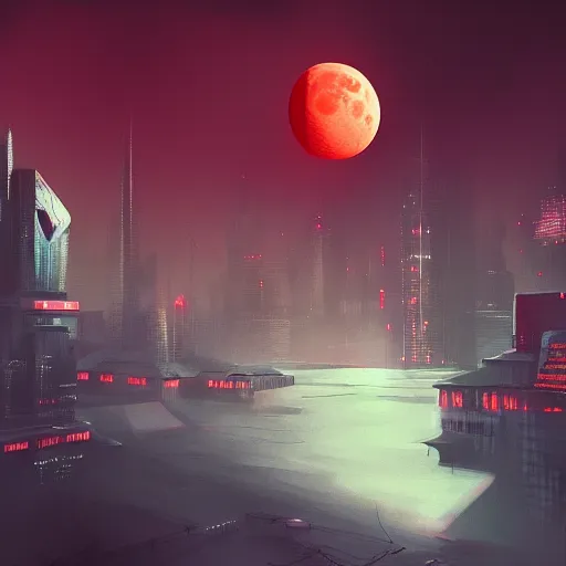 Prompt: blood red cresent moon, cyberpunk