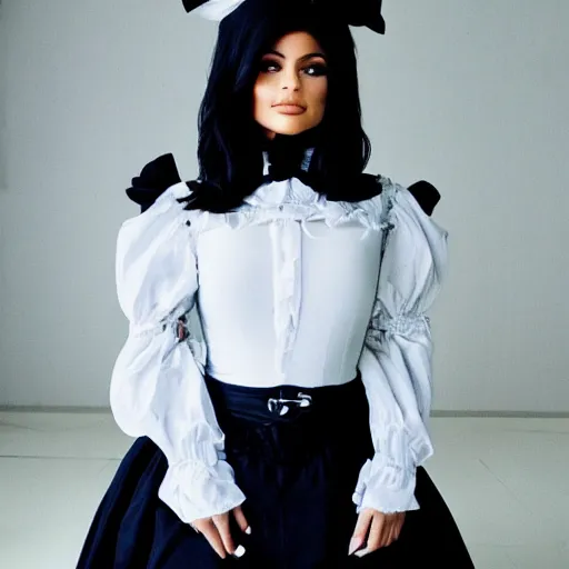 Image similar to kylie jenner in 2 b cosplaying victorian maid outfit light cinematography photoshoot