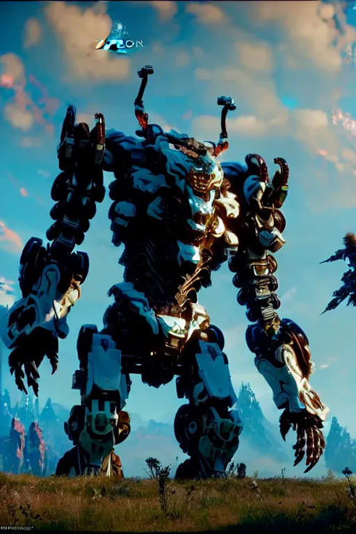 Image similar to a cinematic still from horizon zero dawn and pacific rim and westworld, full body mech, armored core, intact humanoid servo, octane render, nvidia raytracing demo, masterpiece, aged armor plating, decipticon armor plating, aggressive head, endoekeleton exposure