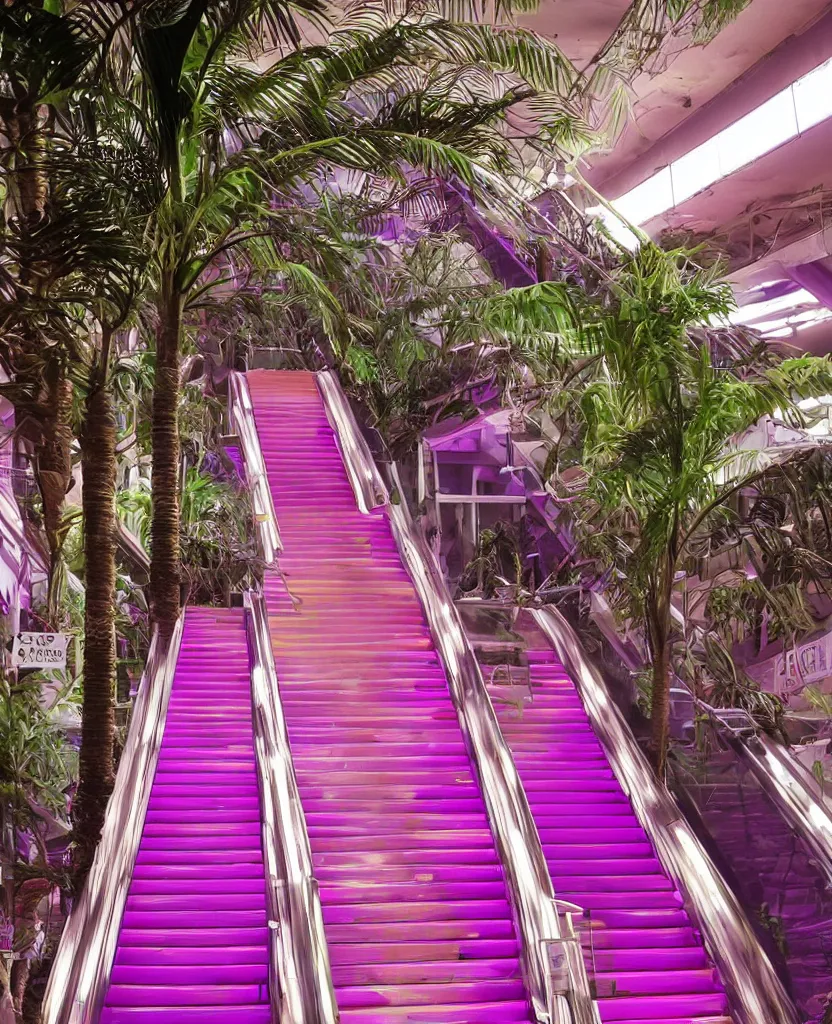 Prompt: 1980s color magazine photo of an escalator in an abandoned mall, with interior potted palm trees, and pink walls, decaying dappled sunlight, cool purple lighting