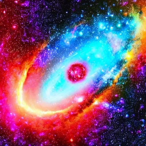 Image similar to large scaling galaxy, intertwining bright colors, supernova, fire, collapsing into a black hole full of beautiful galaxies, bright hd ultra color, bright stars, space, bright