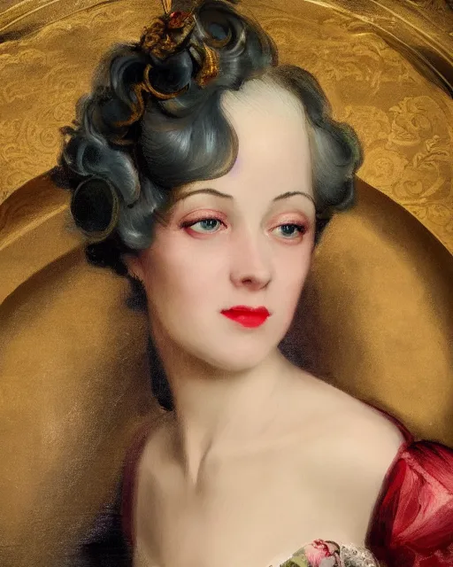 Image similar to close portrait rococo painting of a 1 9 2 0 s beautiful woman at a party in a mansion, strong contrast, unreal engine, hyper realism, realistic shading, cinematic composition, realistic render, octane render, detailed textures, photorealistic, ultrawide shot, 3 5 mm film