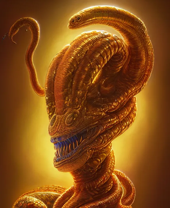 Prompt: intricate colorful golden portrait of a terrifying beautiful alien snake creature, mottling coloring, adorable, childlike, medical equipment hospital environment, ultra realistic, concept art, art nouveau, photorealistic, octane render, 8 k, unreal engine. art by christopher marley and artgerm and greg rutkowski and alphonse mucha