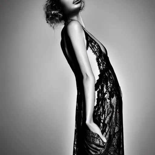 Image similar to sheer dress with plunging neckline and lace sleeves. award-winning fashion photography. intimate and vulnerable lighting. 130mm bw photography.