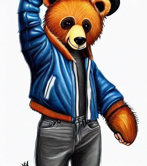 Image similar to expressive stylized master furry artist digital colored pencil painting full body portrait character study of the bear small head fursona animal person wearing clothes leather bomber jacket pilot standing next to airplane by master furry artist blotch, sharp focus vintage disney animation style