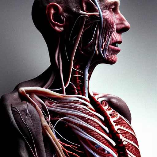 Prompt: Human with translucent skin, visible muscles and veins and arteries and nerves, beautiful detailed intricate insanely detailed octane render, 8K artistic photography, photorealistic, chiaroscuro, by David Cronenberg, Raphael, Caravaggio