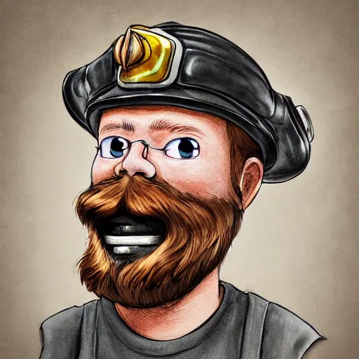 Image similar to An old man with a ginger beard, wearing a fire fighters helmet, highly detailed, digital art, sharp focus, trending on art station, anime art style