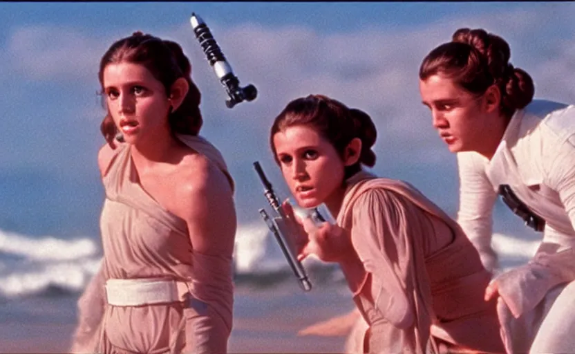 Prompt: portrait Princess Leia using lightsaber against Luke Skywalker on the beach, 1980s film directed by Stanley Kubrick, iconic scene, carrie fischer's photoreal face, stunning cinematography, hyper-detailed, sharp, anamorphic lenses, kodak color, 4k