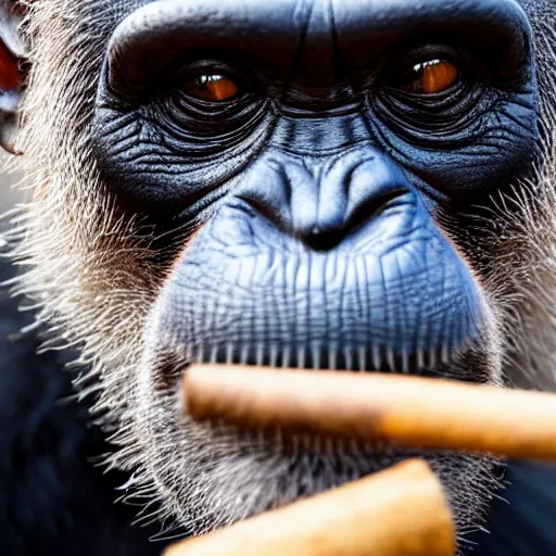 Image similar to a high detail closeup shot of a chimp wearing a suit and smoking a cigar