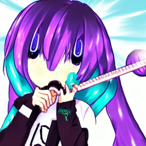 Image similar to hatsune miku eating small boy with back hair and blue purple eye, anime style