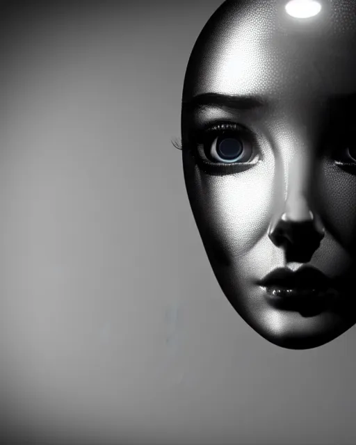 Prompt: black and white high quality photo of a female AI-cyborg-doll looking into a sci-fi mirror, volumetric lighting, hyperdetailed, photorealistic, cinematic, masterpiece, elegant, dark, in the style of Man Ray, octane render, 8K,