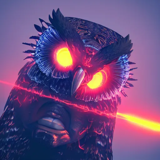 Image similar to fire owl, half body portrait, the spirit of fire, with red neon flashes around head, softlight, octane render, highly detailed, realistic, 8 k, trending on artstation, 3 d cartoon style