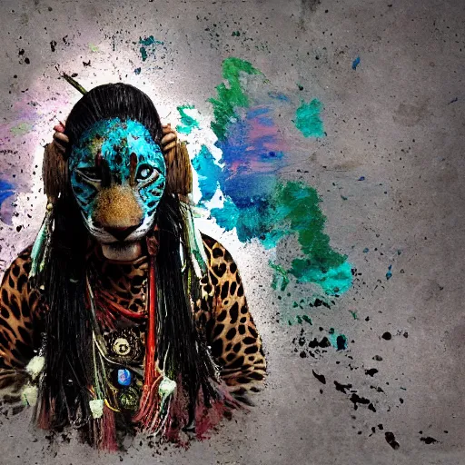 Prompt: the painting of a shaman turning into a jaguar 4 k render