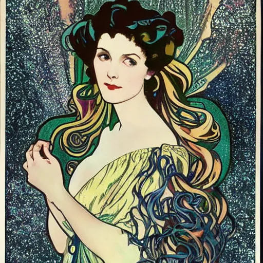 Image similar to vivien leigh with a spiraling nebula for hair beautiful detailed romantic art nouveau face portrait by alphonse mucha and gustav klimt, hauntingly beautiful refined moody dreamscape