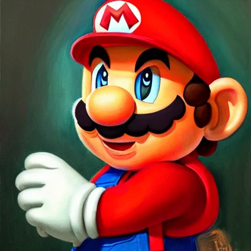 Image similar to an ultra - realistic portrait painting of mario from super mario bros in the style of frank frazetta. 4 k. ultra - realistic. highly detailed. dark fantasy. epic lighting.