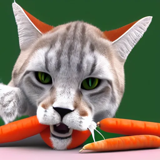 Prompt: big tabby cat with white paws biting a carrot 3d render