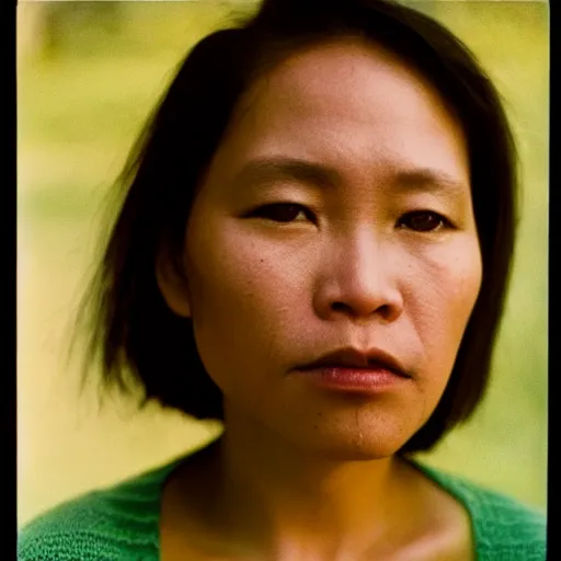 Prompt: filipino woman with short hair wearing an oversized sweater, portrait, colored photo, clear face, by annie liebovitz, david bailey, nan goldin