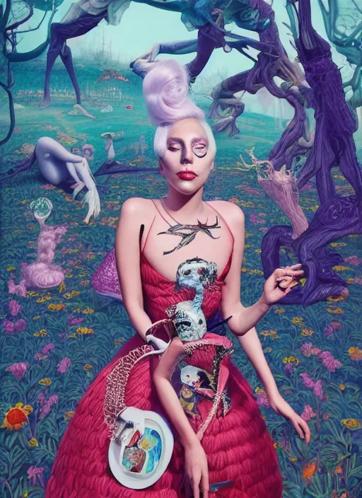 Prompt: lady gaga in wonderland : : by martine johanna and simon stalenhag and chie yoshii and casey weldon and wlop : : ornate, dynamic, particulate, rich colors, intricate, elegant, highly detailed, vogue, harper's bazaar art, fashion magazine, smooth, sharp focus, 8 k, octane render,