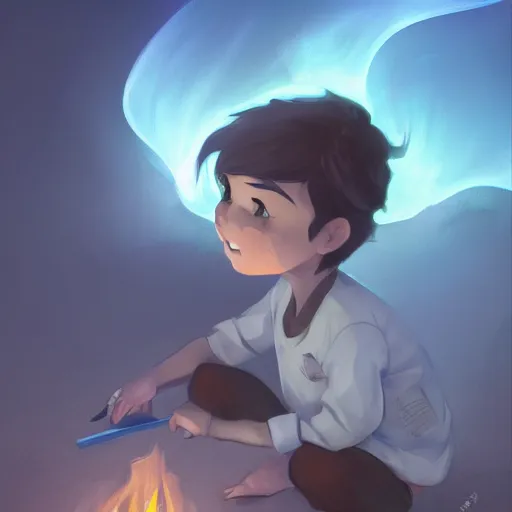 Image similar to a child with grey skin with blues and short brown hair, holding fire, highly detailed, digital painting, artstation, matte, by makoto shinkai, animation style