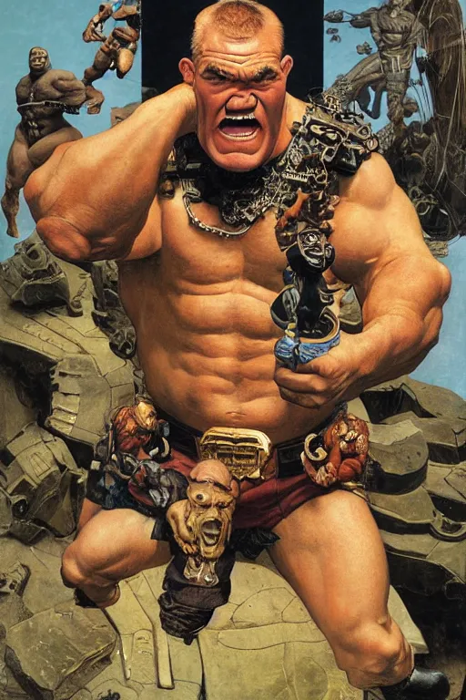 Image similar to upper body and head portrait of huge hulking jocko willink as marvel character wearing pants and shirt and boots and gold jewellery by alex ross and lawrence alma tadema and zdzislaw beksinski and norman rockwell and jack kirby and tom lovell and greg staples