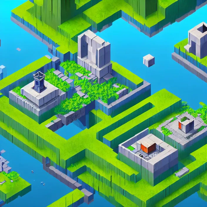 Image similar to isometric view of a building above an azure lake, beautiful game art, by thomas feichtmeir ( cyangmou ), by pixel jeff, by kirokaze, by waneella, by albertov, by junkboy, by retronator, clear focus, very coherent