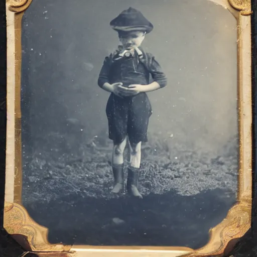 Prompt: tintype photo, boy circus tent, underwater, jellyfish