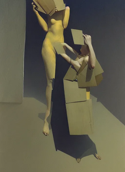 Prompt: women in paper bag over the head and a sward in rubbles Edward Hopper and James Gilleard, Zdzislaw Beksinski, highly detailed