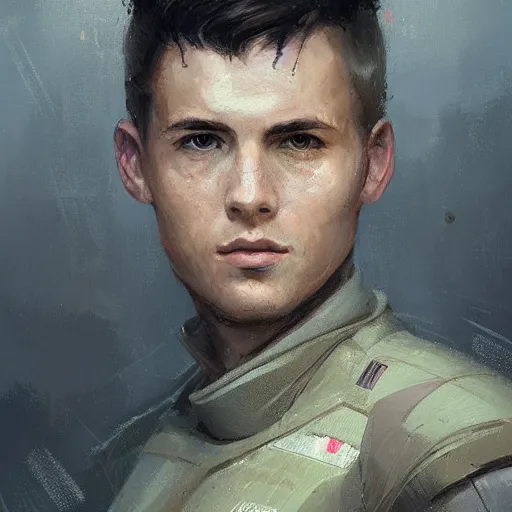 Image similar to portrait of a man by greg rutkowski, young, british features, short brown hair, wearing military fatigues of the galactic republic, star wars expanded universe, he is about 2 0 years old, highly detailed portrait, digital painting, artstation, concept art, smooth, sharp foccus ilustration, artstation hq