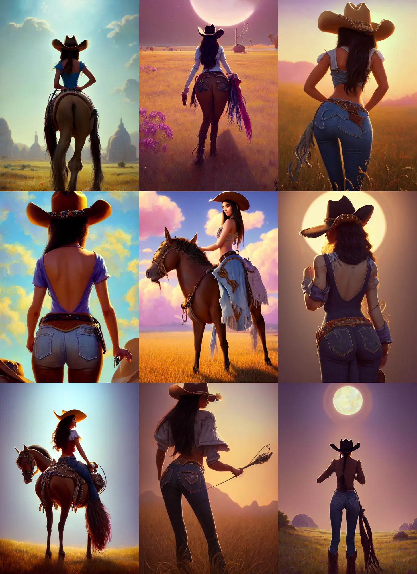 Prompt: madison beer cowgirl | from behind | glamorous oily soft polished rich jezebel ornate modern | weta disney pixar movie still photo | hi - fructose, sci fi fantasy, divine proportion, smooth, octane render, sharp focus, artstation, concept art | beeple, rhads, rutkowski, artgerm, mucha, wlop, loish |