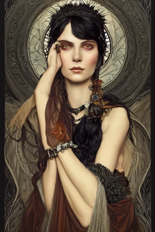 Prompt: a portrait of the Raven Queen, bored, illustration, dramatic lighting, soft details, painting oil on canvas, art nouveau, octane render, HDR, 4k, 8k, HD, by Edmund Blair Leighton, Brom, Charlie Bowater, trending on artstation, ,Tom Bagshaw faces by otto Schmidt