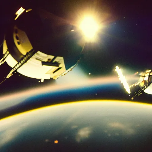 Image similar to photo of 2 space stations docking in space, backlit, cinematic lighting, 35mm film, action shot