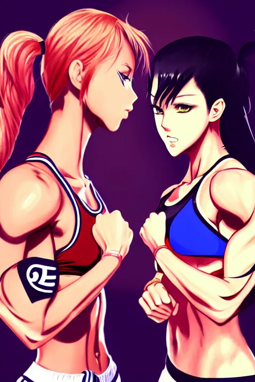 Prompt: two beautiful female fighters facing each other in the gym, dim lighting, gorgeous features, high definition, sharp focus, detailed digital anime art