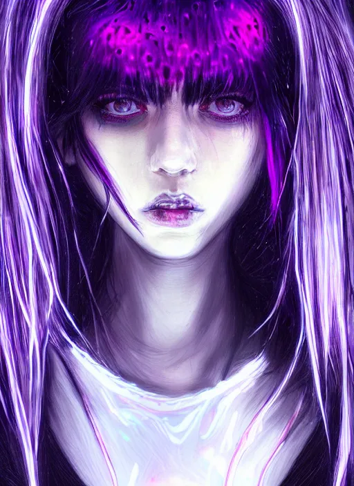 Image similar to hair whitebangs hair, black cyberlox, portrait of teenage girl with white bangs, whitebangsblackhair, messy bangs, cyberlox, whitebangs, red irises, purple clothes, intricate, elegant, glowing lights, highly detailed, digital painting, artstation, concept art, sharp focus, illustration, art by wlop, mars ravelo and greg rutkowski