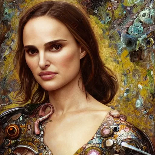 Image similar to “Natalie Portman highly detailed portrait, organic cyborg, raku, diffuse lighting, fantasy, intricate, elegant, highly detailed, lifelike, photorealistic, digital painting, artstation, illustration, concept art, smooth, sharp focus, art by John Collier and Albert Aublet and Krenz Cushart and Artem Demura and Alphonse Mucha”