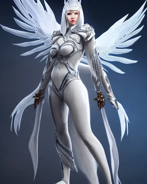 Image similar to perfect white haired egyptian goddess wearing white dove wings, warframe armor, regal, attractive, ornate, sultry, beautiful, ice queen, half asian, pretty face, blue eyes, detailed, scifi platform, 4 k, ultra realistic, volumetric lighting, illuminated, cinematic, masterpiece, art by akihito tsukushi, voidstar