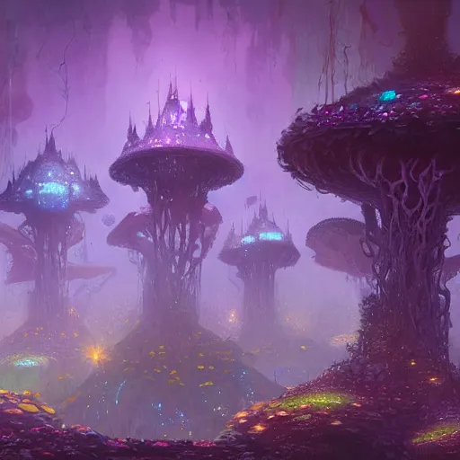 Image similar to concept art detailed painting of a dark purple fantasy fairytale fungal town made of mushrooms, with glowing blue lights, in the style of jordan grimmer and neil blevins and wayne barlowe