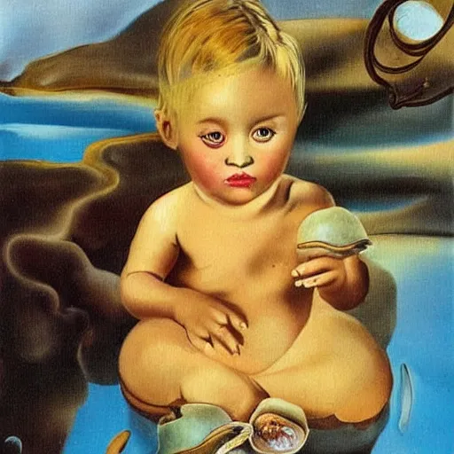 Image similar to A 2 year old girl playing with small abalone shells, blond hair. Painting by Salvador Dali