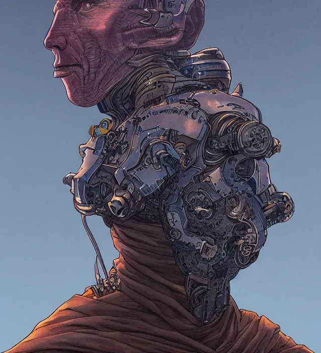 Image similar to a character portrait of a grimdark cyborg wizard in the style of jean giraud in the style of moebius trending on artstation deviantart pinterest detailed realistic hd 8 k high resolution