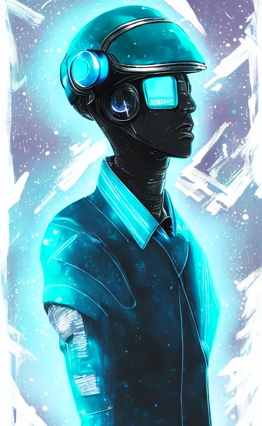 Image similar to wearing the cyberpunk vr helmet of the northern star, fashion, fancy suit, cosmic nova, expensive clothing, professional, teal helmet, naxy blue suit, illustration, style of yoshitaka amano, illustration, artstation, pixiv