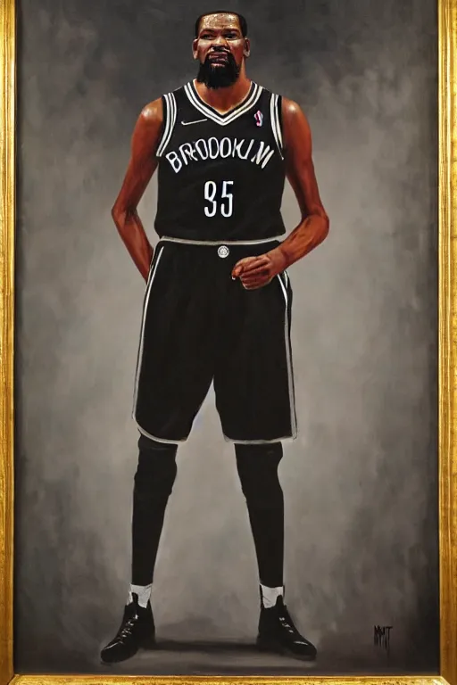 Prompt: full body portrait of the dictator of the brooklyn nets, 1 8 8 9, in full military garb, kevin durant, oil on canvas by william sidney mount, trending on artstation