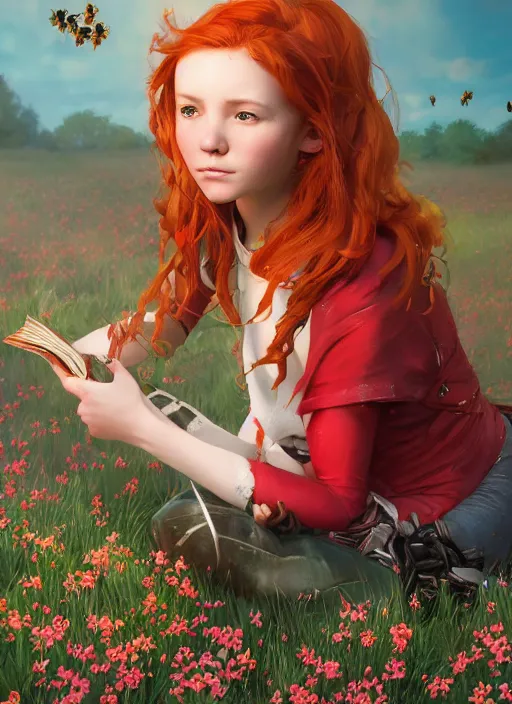 Image similar to An epic fantasy comic book style portrait painting of a young red headed girl reading a book in a field of flowers surrounded by bees, unreal 5, DAZ, hyperrealistic, octane render, cosplay, RPG portrait, dynamic lighting