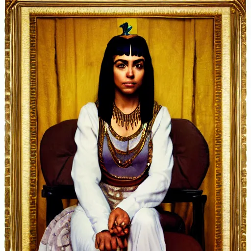 Prompt: Portrait still photograph of young Cleopatra sitting on her throne in the Oval Office by Norman Rockwell, detailed, textured, medium shot, mid-shot, trending on Artstation