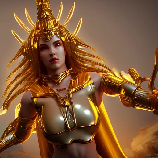 Prompt: beautifull goddess of thunder in golden armor, with incredible white and luminous temple behind the scene is in spiritual awaken, divine energy and power of spirit 4 k, 3 d, realistic, octane render cyberpunk color