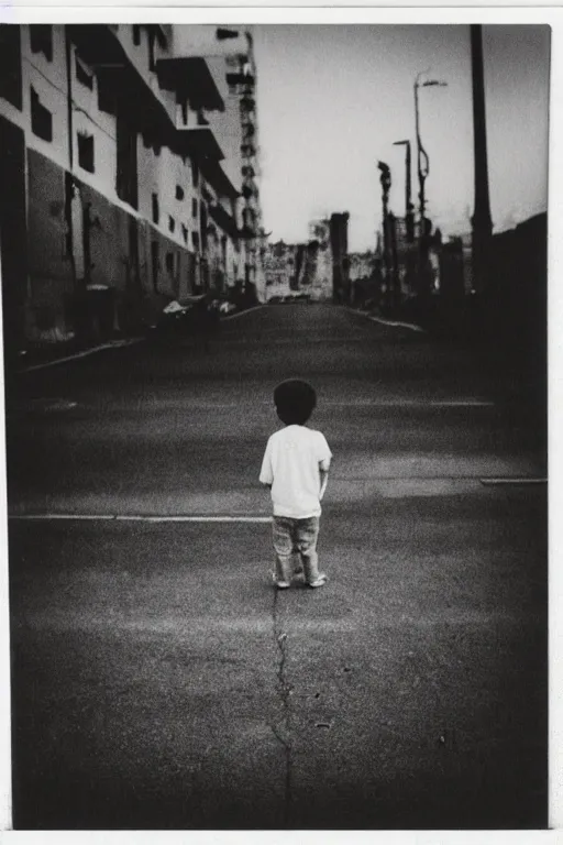 Image similar to photo polaroid of sad and lonely child in the middle of the street, destroyed buildings rubble, loneliness, war, black and white ,photorealistic, 35mm film,