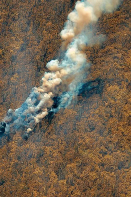 Image similar to Travel Ad, close-up on a plane flying above a drying landscape, forest fire